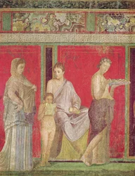 El catecismo con una niña leyendo y el iniciado haciendo una ofrenda, pared norte, Oecus 5, c.60-50 a.C.